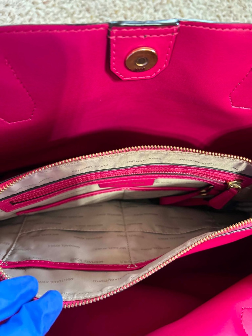 Michael Kors Brown MK Logo Tote with Pink Trim and Handles - Picture 10 of 12